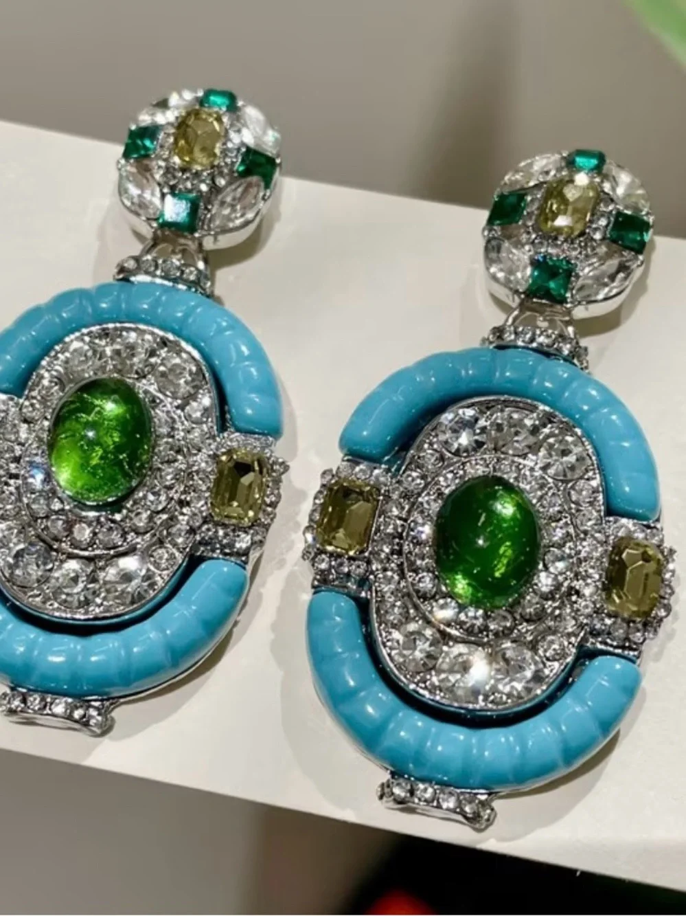 Green and Turquoise Crystal Drop Earrings - Designer-Inspired Statement
